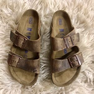 Birkenstock Arizona Oiled Leather Soft Footbed Sandals, size 38 (US women’s 7.5)